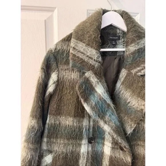 Halogen Nordstrom Green Shaggy Plaid Fuzzy Coat sz XXL - Picture 3 of 8